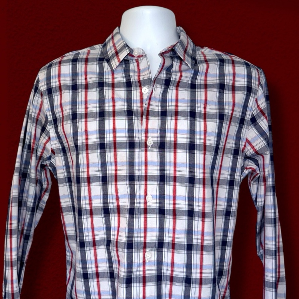 Fairlane & Sons Slim Fit Plaid Button-Down Shirt M Navy Red Wrinkle Free - Picture 8 of 12